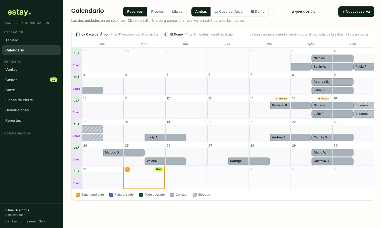 El calendario del panel con las dos unidades de Reset Glamping en un mes