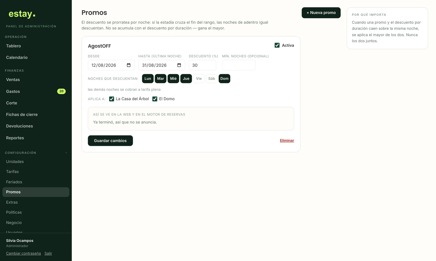 El configurador de promociones: fechas, porcentaje y qué noches descuentan